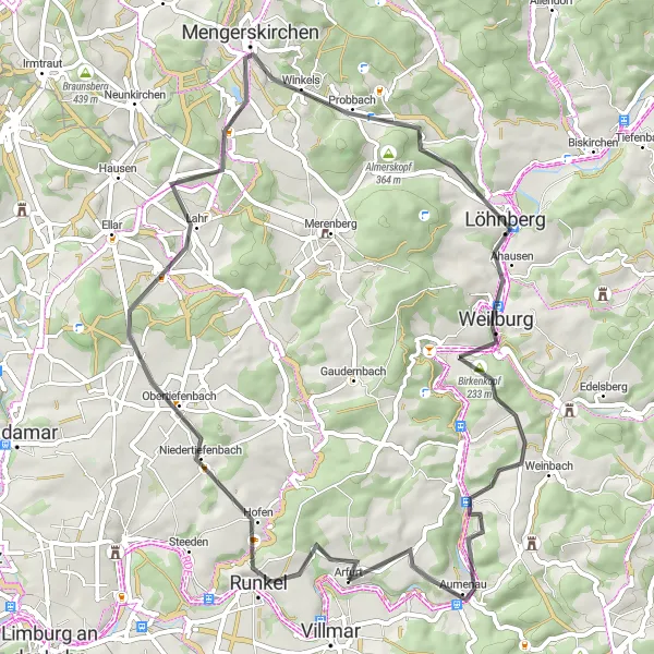 Map miniature of "Arfurt Valley Loop" cycling inspiration in Gießen, Germany. Generated by Tarmacs.app cycling route planner