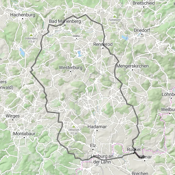 Map miniature of "The Landscapes of Villmar: Road Cycling" cycling inspiration in Gießen, Germany. Generated by Tarmacs.app cycling route planner
