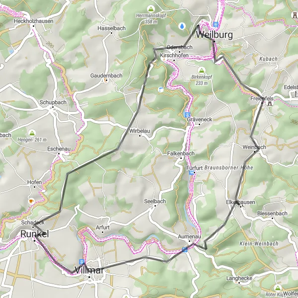 Map miniature of "Runkel Castle Ride" cycling inspiration in Gießen, Germany. Generated by Tarmacs.app cycling route planner