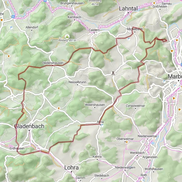 Karten-Miniaturansicht der Radinspiration "Gravelabenteuer im Grünen" in Gießen, Germany. Erstellt vom Tarmacs.app-Routenplaner für Radtouren