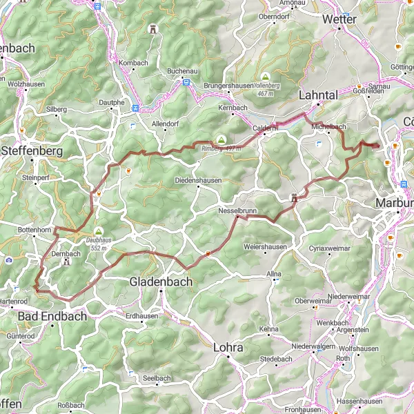 Map miniature of "Rural Escape" cycling inspiration in Gießen, Germany. Generated by Tarmacs.app cycling route planner