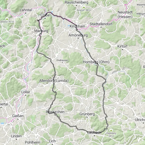 Karten-Miniaturansicht der Radinspiration "Rund um Gießen" in Gießen, Germany. Erstellt vom Tarmacs.app-Routenplaner für Radtouren