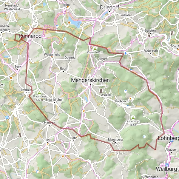 Map miniature of "Weilburg and Beyond Gravel Adventure" cycling inspiration in Gießen, Germany. Generated by Tarmacs.app cycling route planner