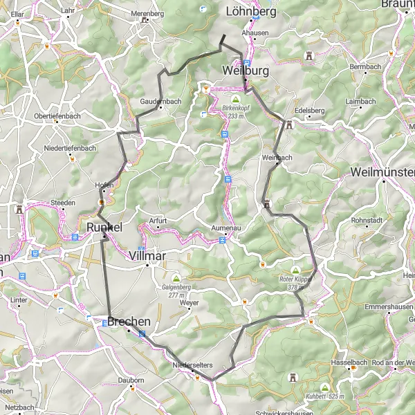 Karten-Miniaturansicht der Radinspiration "Kultur- und Naturtour um Weilburg" in Gießen, Germany. Erstellt vom Tarmacs.app-Routenplaner für Radtouren