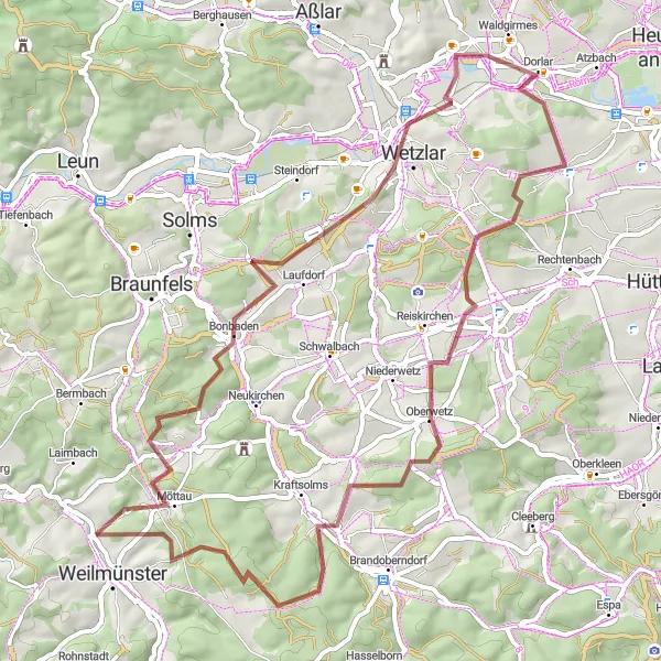 Map miniature of "Wetzlar Gravel Adventure" cycling inspiration in Gießen, Germany. Generated by Tarmacs.app cycling route planner