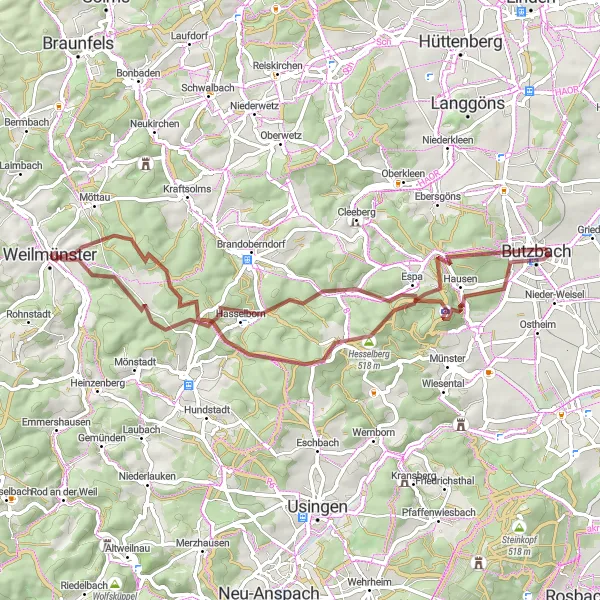 Map miniature of "Gravel Adventure in the Valleys" cycling inspiration in Gießen, Germany. Generated by Tarmacs.app cycling route planner