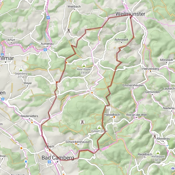 Karten-Miniaturansicht der Radinspiration "Graveltour um Weilmünster II" in Gießen, Germany. Erstellt vom Tarmacs.app-Routenplaner für Radtouren