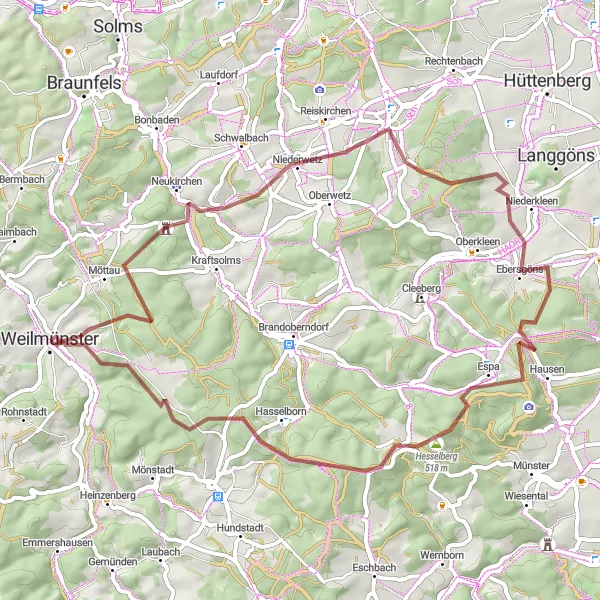 Map miniature of "Gravel Adventure" cycling inspiration in Gießen, Germany. Generated by Tarmacs.app cycling route planner