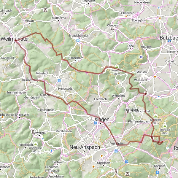 Map miniature of "Off the Beaten Path" cycling inspiration in Gießen, Germany. Generated by Tarmacs.app cycling route planner