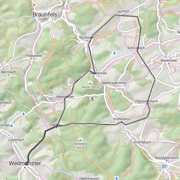 Map miniature of "Short and Scenic Countryside Ride" cycling inspiration in Gießen, Germany. Generated by Tarmacs.app cycling route planner