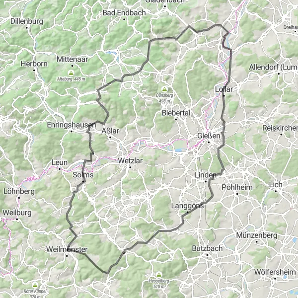 Map miniature of "Limestone Wonders and Historic Towns" cycling inspiration in Gießen, Germany. Generated by Tarmacs.app cycling route planner