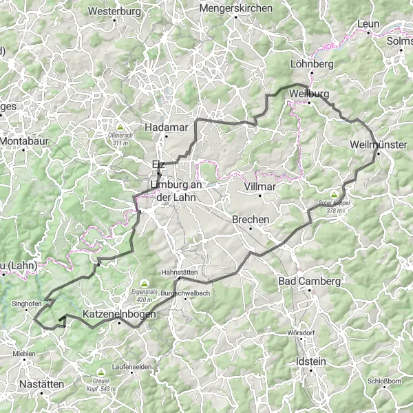 Map miniature of "Climbing Adventure in the Heart of Germany" cycling inspiration in Gießen, Germany. Generated by Tarmacs.app cycling route planner