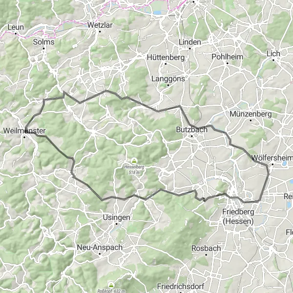 Map miniature of "Hilltops and Historic Treasures" cycling inspiration in Gießen, Germany. Generated by Tarmacs.app cycling route planner