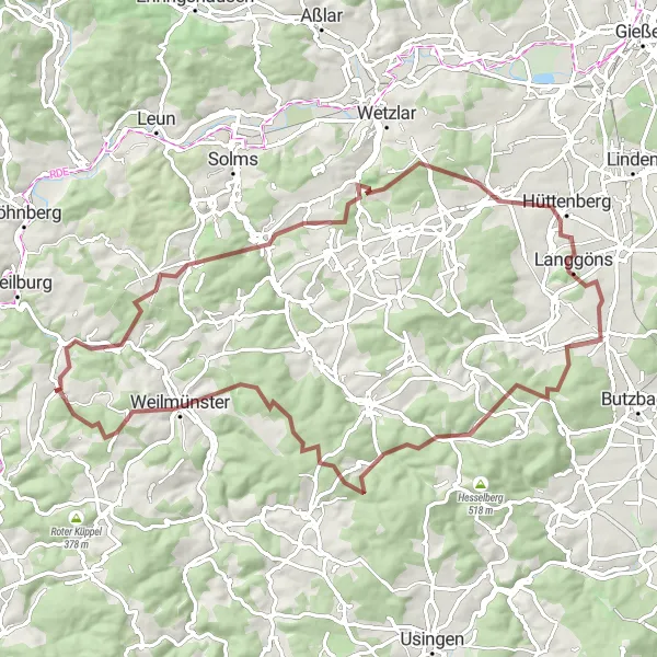 Map miniature of "Freienfels and Heidenkopf Gravel Adventure" cycling inspiration in Gießen, Germany. Generated by Tarmacs.app cycling route planner