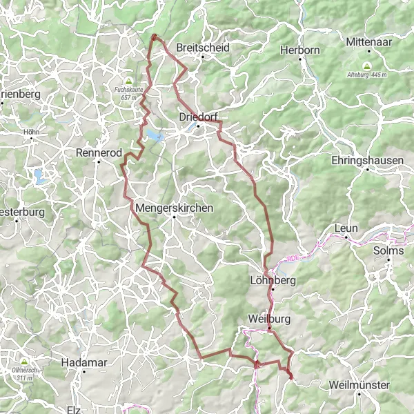 Map miniature of "From Gräveneck to Freienfels" cycling inspiration in Gießen, Germany. Generated by Tarmacs.app cycling route planner
