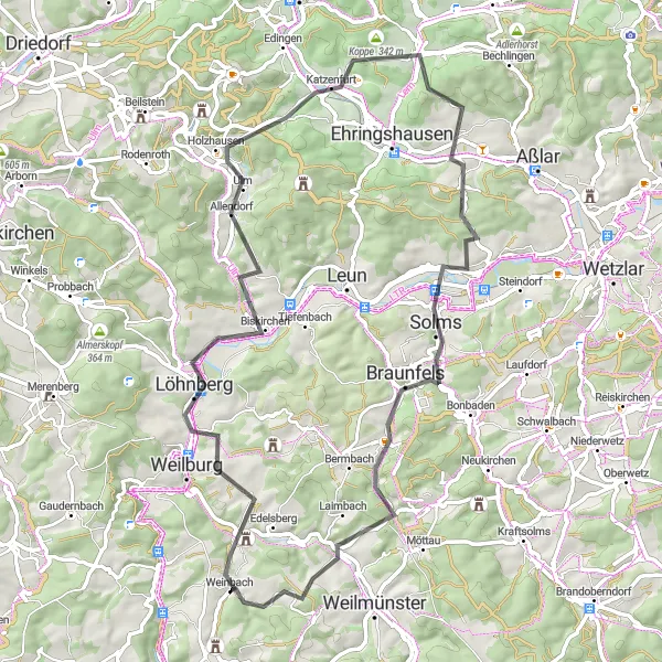 Map miniature of "Road Cycling Adventure via Tempelchen am Schellhofskopf" cycling inspiration in Gießen, Germany. Generated by Tarmacs.app cycling route planner