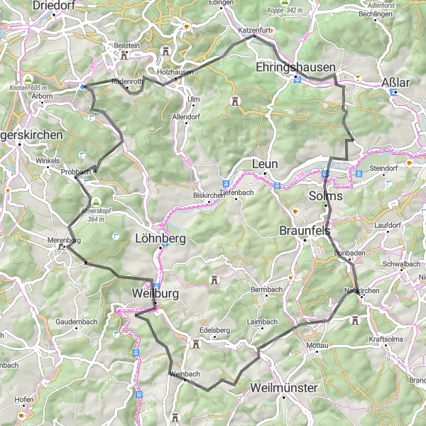 Map miniature of "Weilburg and the scenic road" cycling inspiration in Gießen, Germany. Generated by Tarmacs.app cycling route planner