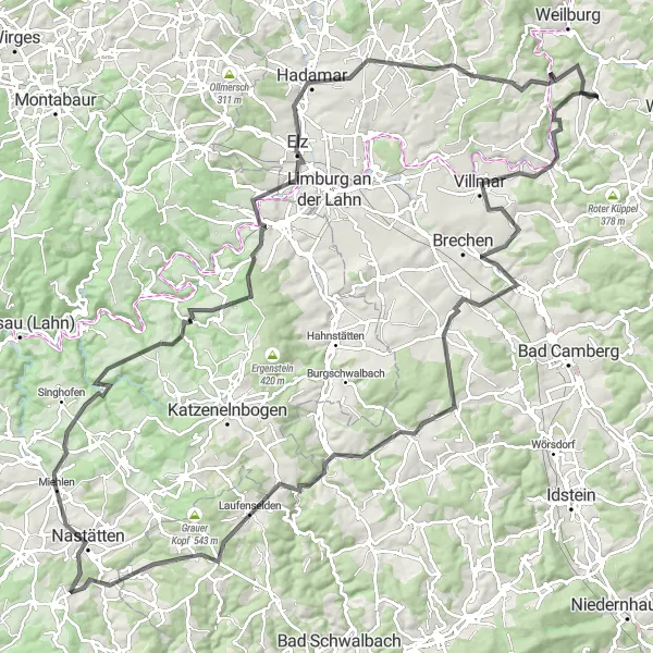 Map miniature of "Villmar and the scenic road" cycling inspiration in Gießen, Germany. Generated by Tarmacs.app cycling route planner
