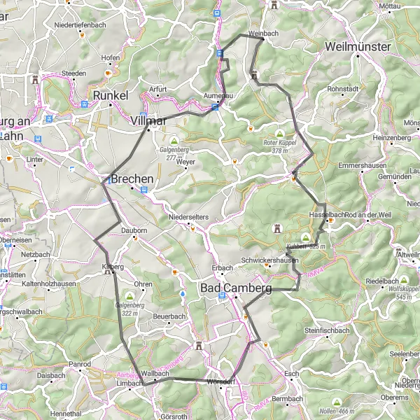 Map miniature of "Scenic Road Cycling Route with Villmar Highlight" cycling inspiration in Gießen, Germany. Generated by Tarmacs.app cycling route planner
