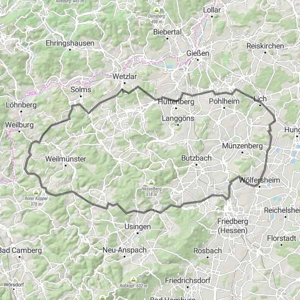 Map miniature of "The Braunfels Loop" cycling inspiration in Gießen, Germany. Generated by Tarmacs.app cycling route planner