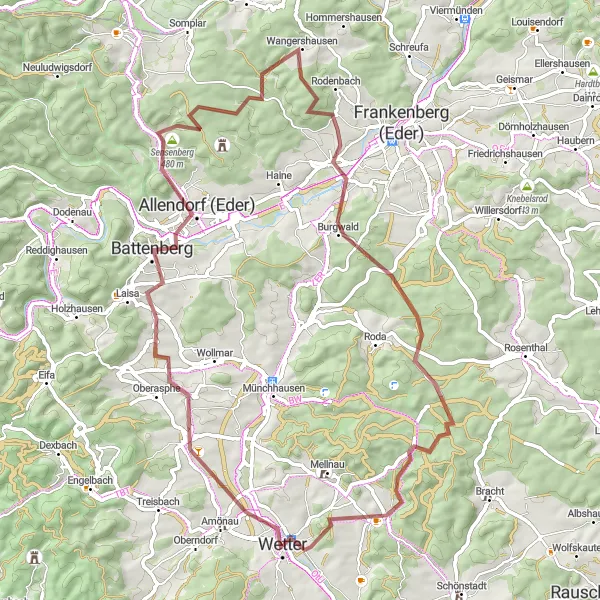 Karten-Miniaturansicht der Radinspiration "Bergtour durch das Ederbergland" in Gießen, Germany. Erstellt vom Tarmacs.app-Routenplaner für Radtouren
