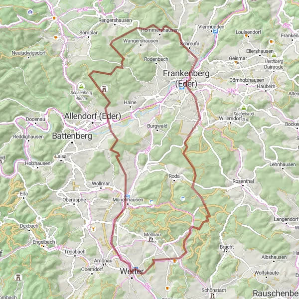 Karten-Miniaturansicht der Radinspiration "Gravelroute über Frankenberg und Sauberg" in Gießen, Germany. Erstellt vom Tarmacs.app-Routenplaner für Radtouren