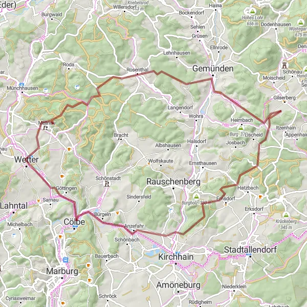 Karten-Miniaturansicht der Radinspiration "Gravelroute durch Mellnau und Goldberg" in Gießen, Germany. Erstellt vom Tarmacs.app-Routenplaner für Radtouren