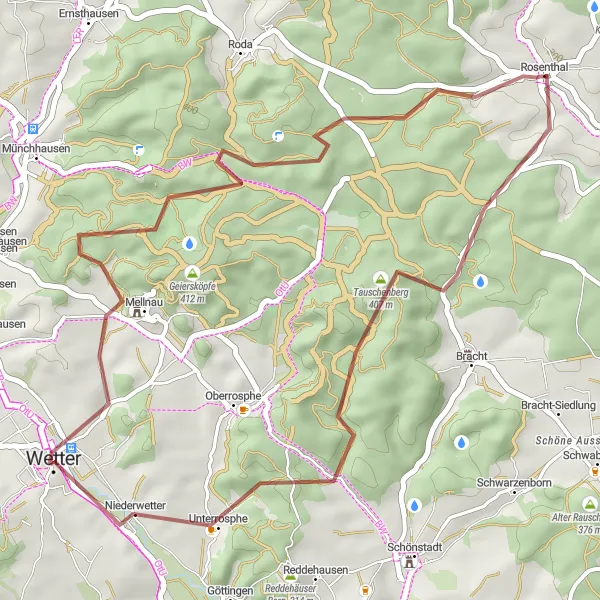 Map miniature of "Burg Mellnau and Hoheberg Gravel Adventure" cycling inspiration in Gießen, Germany. Generated by Tarmacs.app cycling route planner