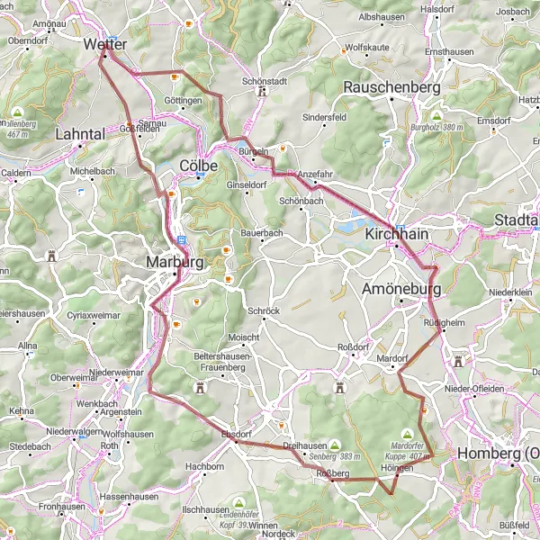 Karten-Miniaturansicht der Radinspiration "Gravel-Abenteuer durch Niederwetter und Marburg" in Gießen, Germany. Erstellt vom Tarmacs.app-Routenplaner für Radtouren