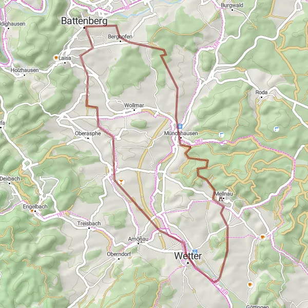 Map miniature of "Mellnau Loop" cycling inspiration in Gießen, Germany. Generated by Tarmacs.app cycling route planner