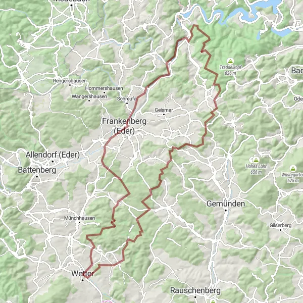 Map miniature of "Sieben Berge" cycling inspiration in Gießen, Germany. Generated by Tarmacs.app cycling route planner