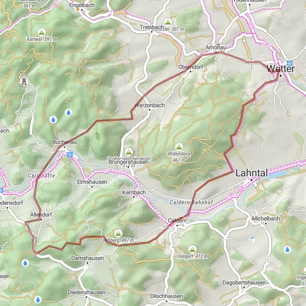 Map miniature of "Rimberg and Buchenau" cycling inspiration in Gießen, Germany. Generated by Tarmacs.app cycling route planner