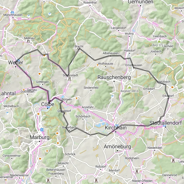 Karten-Miniaturansicht der Radinspiration "Rundtour durch Oberrosphe und Großer Hirschberg" in Gießen, Germany. Erstellt vom Tarmacs.app-Routenplaner für Radtouren