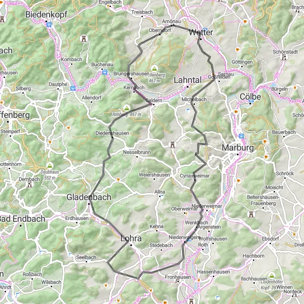 Karten-Miniaturansicht der Radinspiration "Road-Abenteuer durch Cyriaxweimar und Gladenbach" in Gießen, Germany. Erstellt vom Tarmacs.app-Routenplaner für Radtouren