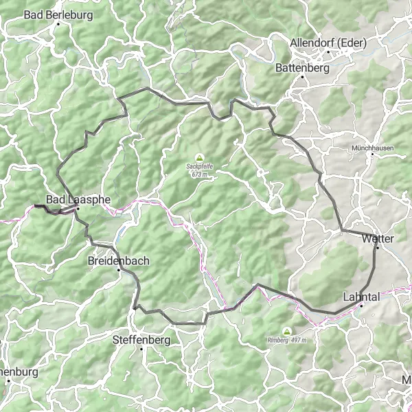 Karten-Miniaturansicht der Radinspiration "Road-Tour durch Lahntal und Bad Laasphe" in Gießen, Germany. Erstellt vom Tarmacs.app-Routenplaner für Radtouren
