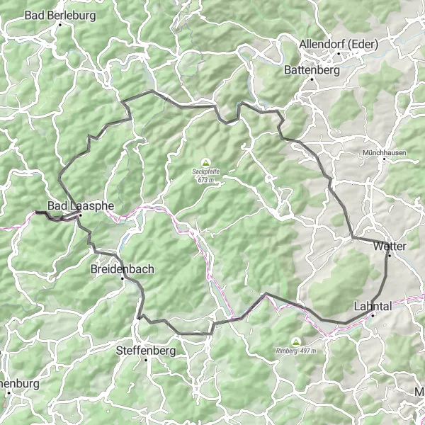 Map miniature of "Lahntal Adventure: From Wetter to Hatzfeld" cycling inspiration in Gießen, Germany. Generated by Tarmacs.app cycling route planner