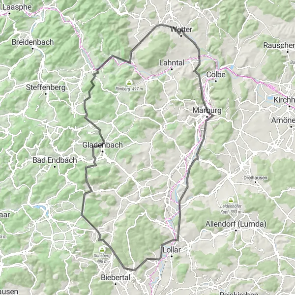 Karten-Miniaturansicht der Radinspiration "Rennradtour durch Marburg und Gladenbach" in Gießen, Germany. Erstellt vom Tarmacs.app-Routenplaner für Radtouren