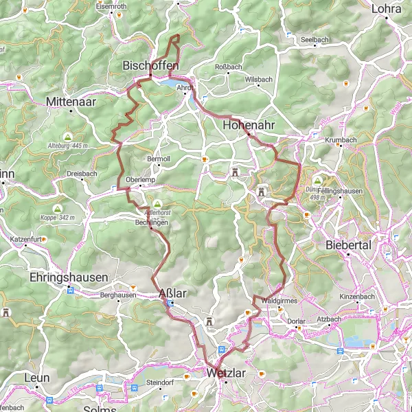 Map miniature of "Exploring Wetzlar's Gravel Wonders" cycling inspiration in Gießen, Germany. Generated by Tarmacs.app cycling route planner