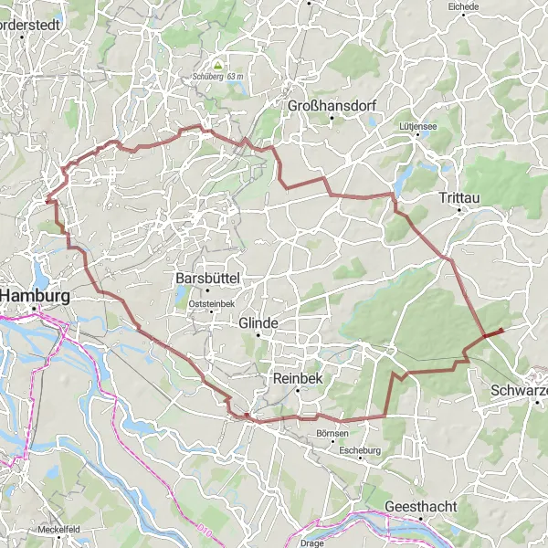 Map miniature of "Gravel Route from Alsterdorf to Bergedorf" cycling inspiration in Hamburg, Germany. Generated by Tarmacs.app cycling route planner