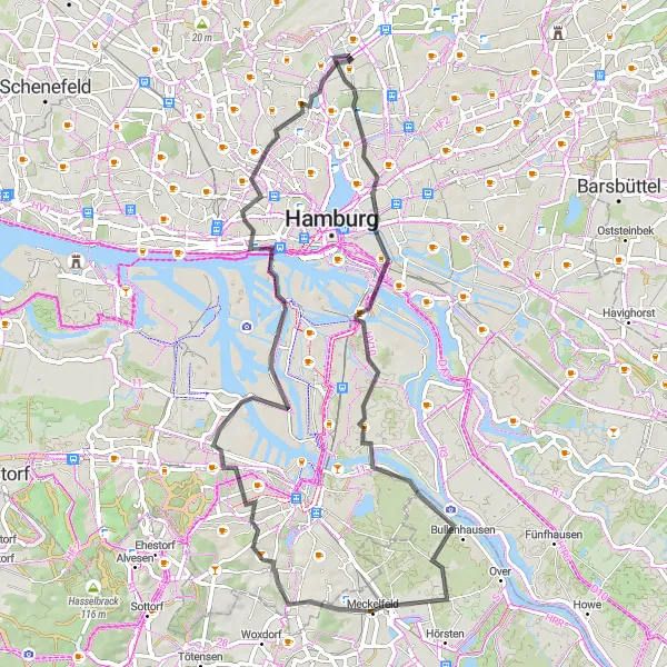 Map miniature of "Hamburg Southbound Adventure" cycling inspiration in Hamburg, Germany. Generated by Tarmacs.app cycling route planner