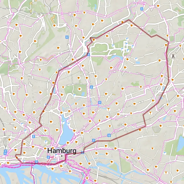 Karten-Miniaturansicht der Radinspiration "Weite Gravel-Tour durch Hamburgs Viertel" in Hamburg, Germany. Erstellt vom Tarmacs.app-Routenplaner für Radtouren