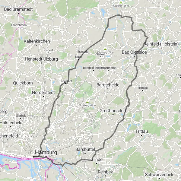 Karten-Miniaturansicht der Radinspiration "Herausfordernde Road-Tour durch Hamburgs Natur" in Hamburg, Germany. Erstellt vom Tarmacs.app-Routenplaner für Radtouren