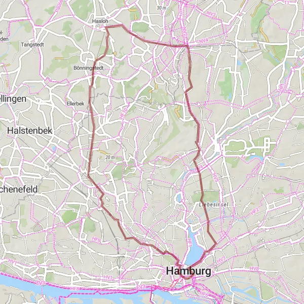 Map miniature of "Altona Gravel Adventure" cycling inspiration in Hamburg, Germany. Generated by Tarmacs.app cycling route planner