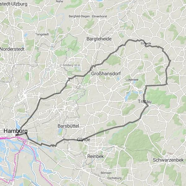 Karten-Miniaturansicht der Radinspiration "Große Rundfahrt durch Nordost-Hamburg" in Hamburg, Germany. Erstellt vom Tarmacs.app-Routenplaner für Radtouren