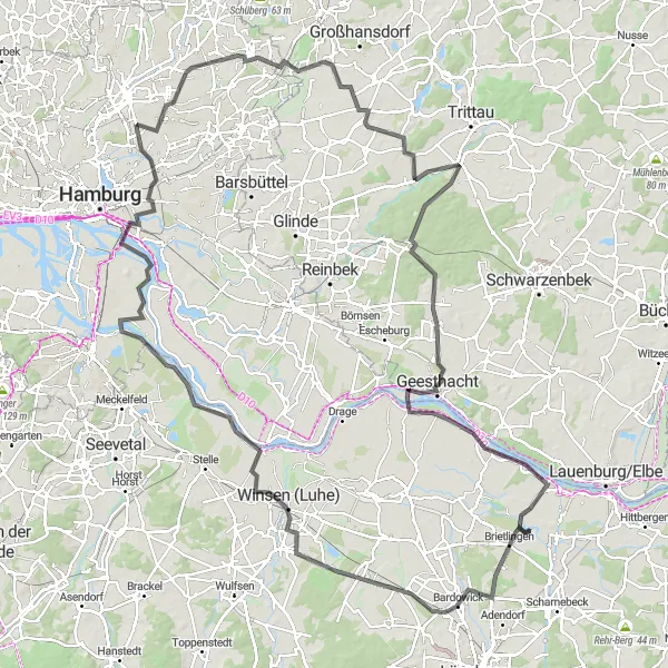 Map miniature of "Legendary Road Cycling Route to Geesthacht" cycling inspiration in Hamburg, Germany. Generated by Tarmacs.app cycling route planner