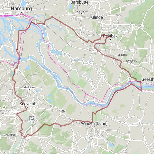 Map miniature of "Gravel Tour through Wentorf bei Hamburg, Börnsen, and Winsen (Luhe)" cycling inspiration in Hamburg, Germany. Generated by Tarmacs.app cycling route planner