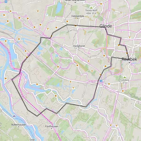 Map miniature of "Reinbek and Beyond" cycling inspiration in Hamburg, Germany. Generated by Tarmacs.app cycling route planner