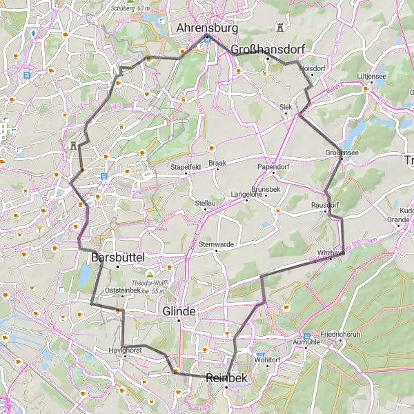 Map miniature of "Road Cycling Tour through Oststeinbek and Ahrensburg" cycling inspiration in Hamburg, Germany. Generated by Tarmacs.app cycling route planner