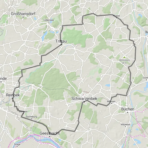 Map miniature of "Road Cycling Tour through Reinbek and Schwarzenbek" cycling inspiration in Hamburg, Germany. Generated by Tarmacs.app cycling route planner