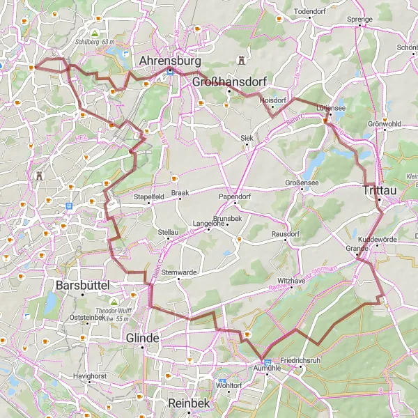Map miniature of "Aumühle and Volksdorf Gravel Adventure" cycling inspiration in Hamburg, Germany. Generated by Tarmacs.app cycling route planner